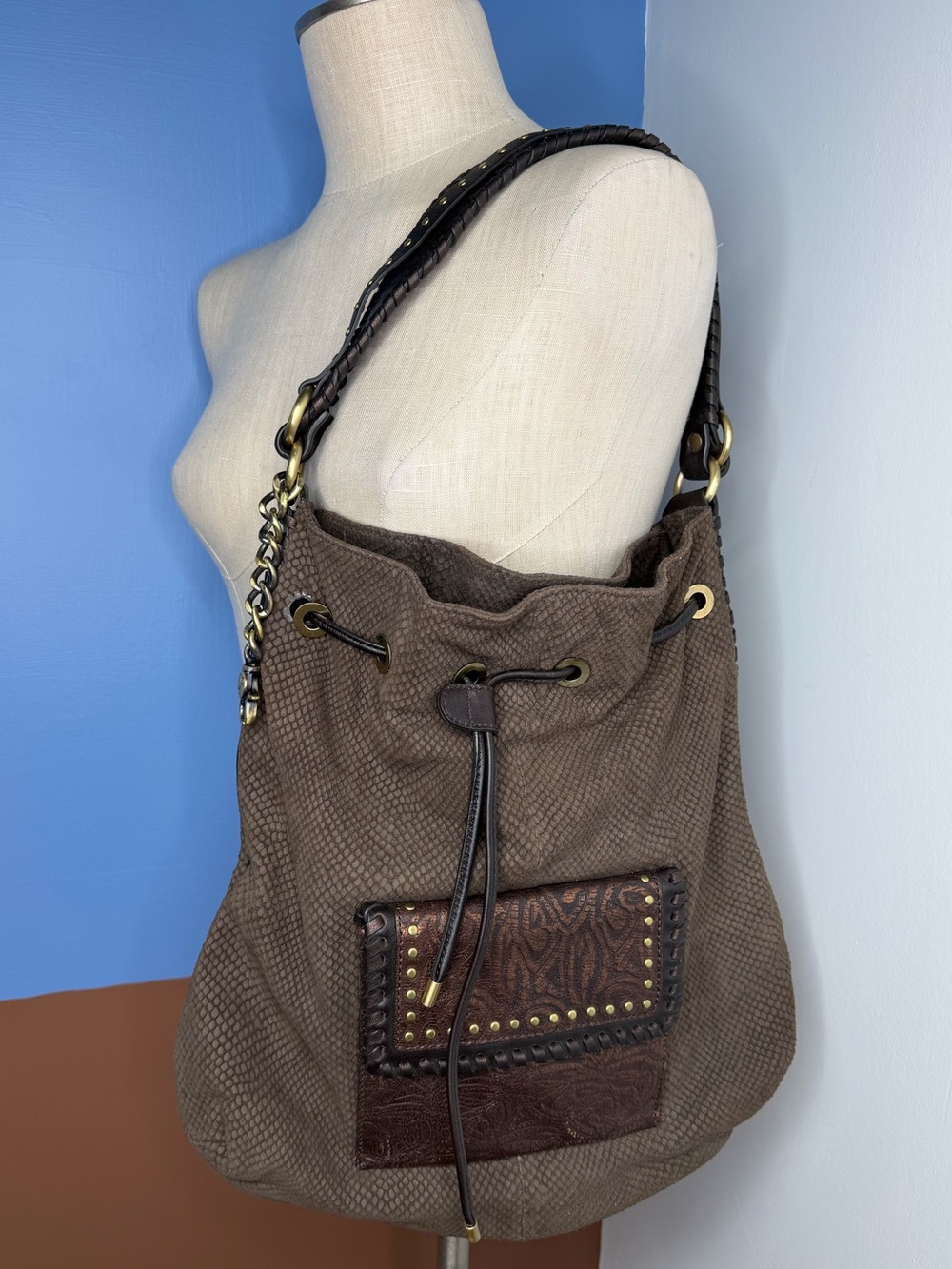 Donald J Pliner Women's Brown Drawstring Suede Snakeskin Shoulder Bag